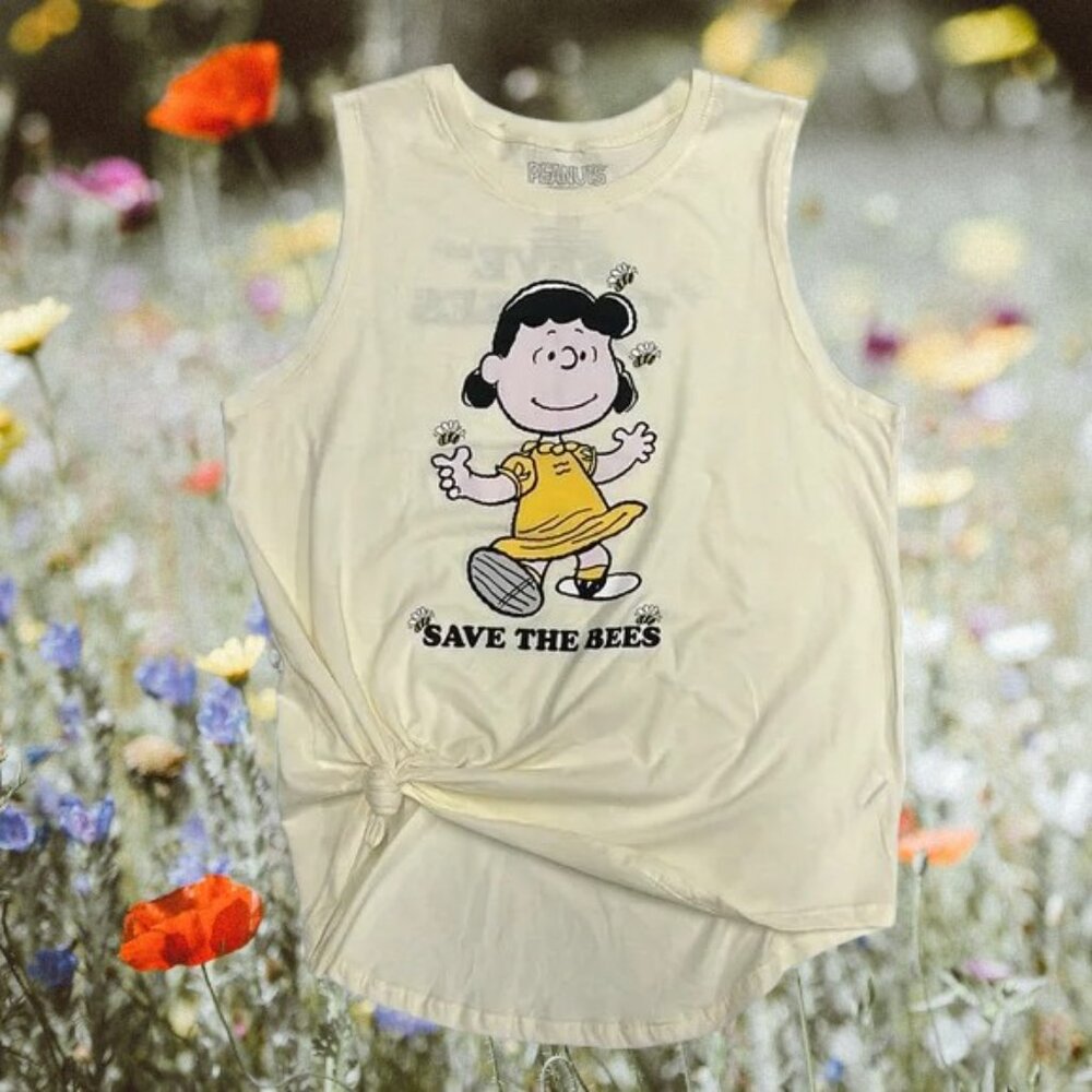 Peanuts LUCY "Save the Bees" Cream Graphic Tank Sleeveless Women's Top Tied LG